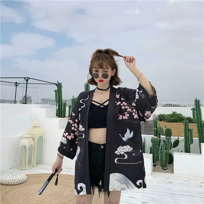 Flying Cranes Black Women’s Kimono Jacket